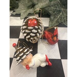 Adorable Pinecone Christmas wood Ornaments Set Sleeping Baby Cardinal woodland